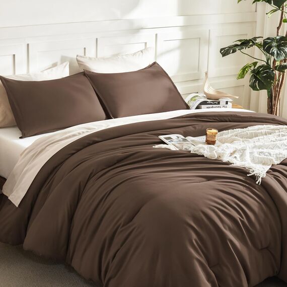 Litanika Braunes Bettdecken-Set für Queen-Size-Betten, 3-teilig, leicht, einfarbig, für alle Jahreszeiten, flauschiges Bettwäsche-Set (228 x 228 cm Bettdecke und 2 Kissenbezüge)
