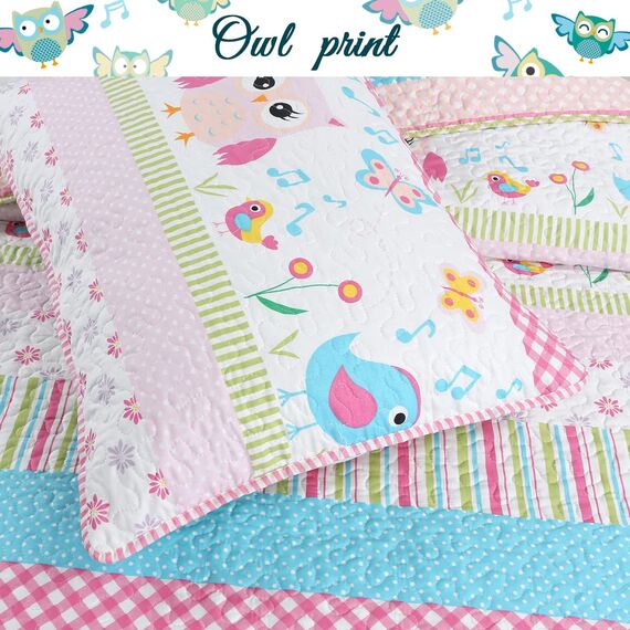 Cozy Line Home Fashions Happy Owl Twin – 6-teiliges rosa Wende-Bettwäsche-Set, Decke, Tagesdecken für Mädchen (1 Steppdecke + 1 Kissenbezug + 4 dekorative Kissen)