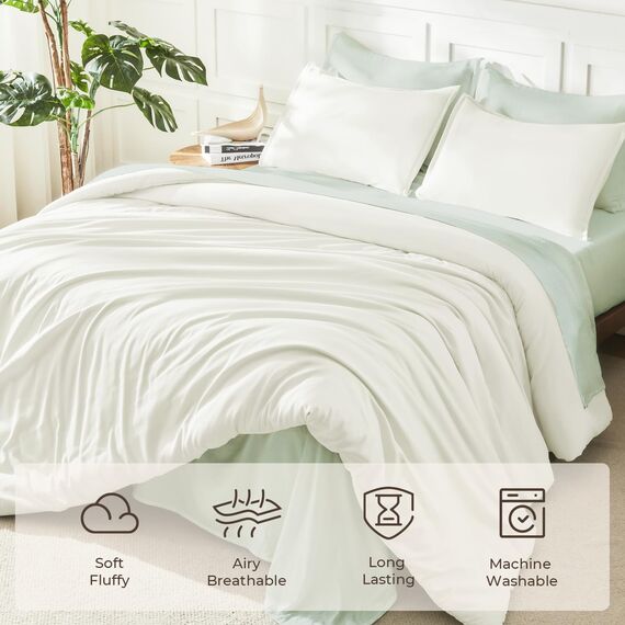 Litanika Elfenbeinfarbenes Bettdecken-Set für Queen-Size-Bett, 3-teilig, leicht, einfarbig, für alle Jahreszeiten, flauschiges Bettwäsche-Set (228 x 228 cm Bettdecke und 2 Kissenbezüge)