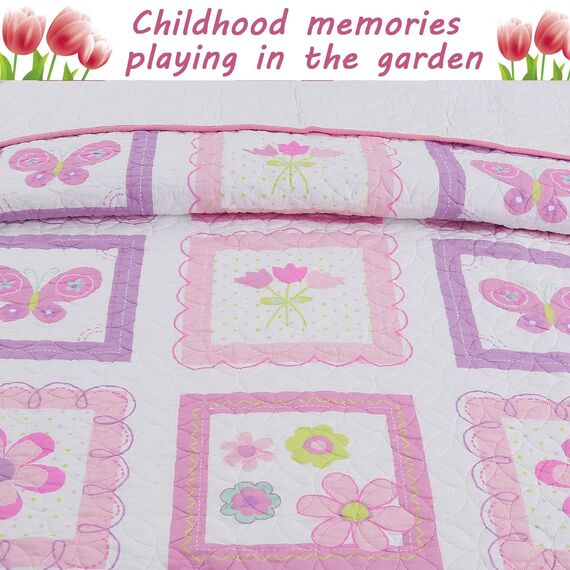 Cozy Line Home Fashions Pink Tulip Butterfly Floral 100% Cotton Reversible Quilt Bedding Set for Kids, Girls, Coverlet, Bedspreads (Twin - 4 Piece: 1 Quilt + 1 Standard Sham + 2 Decorative Pillows)