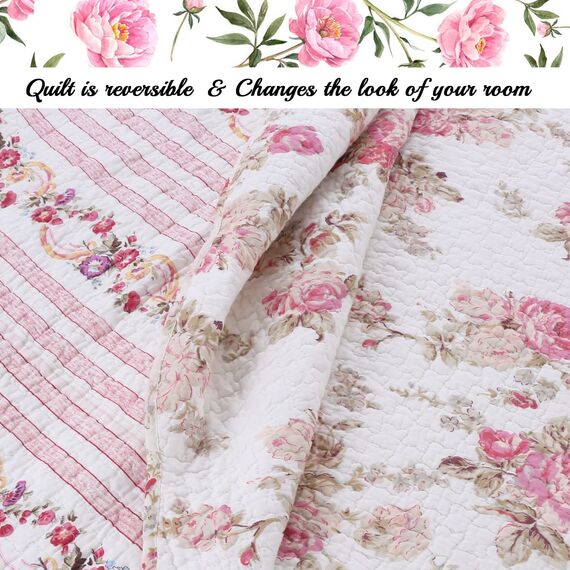Cozy Line Home Fashions Romantisches Bettwäsche-Set, Pfingstrose, Blumenmuster, 100% Baumwolle, wendbar, Bettdecke, Tagesdecke (rosa Pfingstrose, Queen-Size-Bett)