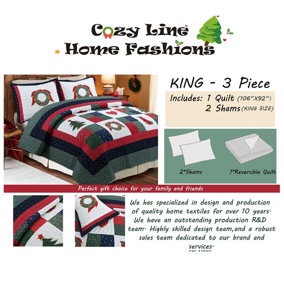 Cozy Line Home Fashions Christmas True Patchwork Kränze Kiefernbaum Strümpfe Rustikale Wendedecke Bettwäsche Set, Decke Tagesdecke (Happy Christmas, King - 3 Stück)
