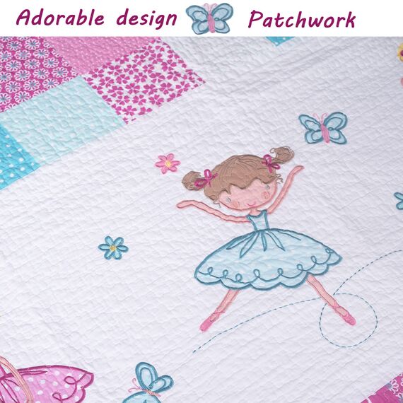 Little Dancer Wende-Bettwäsche-Set mit Schmetterlings-Blumenstickerei, 100 % Baumwolle, Tagesdecken (7-teilig: 1 Steppdecke + 1 Standard-Kissenbezug + 5 dekorative Kissen)