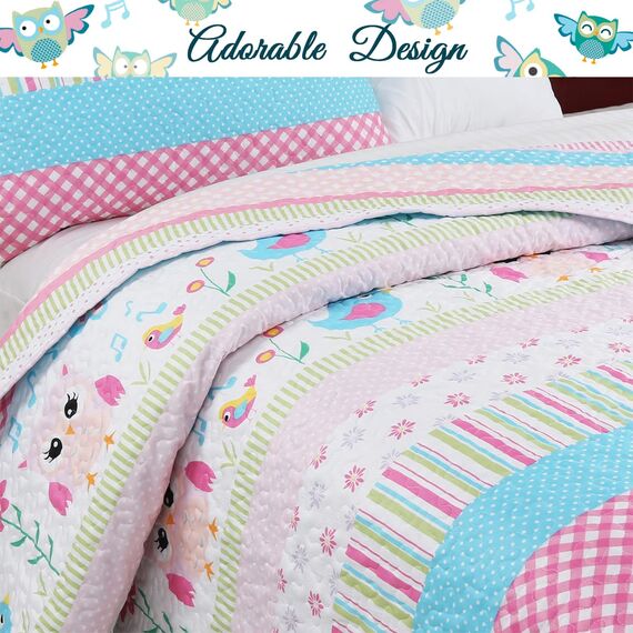 Cozy Line Home Fashions Happy Owl Twin – 6-teiliges rosa Wende-Bettwäsche-Set, Decke, Tagesdecken für Mädchen (1 Steppdecke + 1 Kissenbezug + 4 dekorative Kissen)