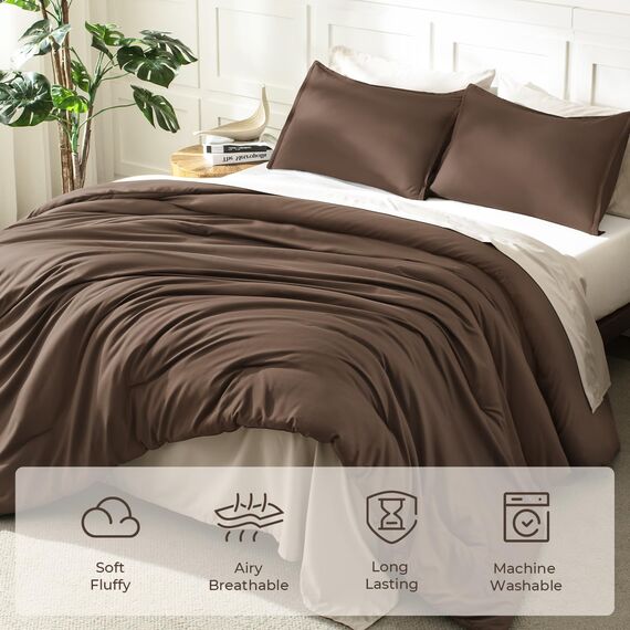 Litanika Braunes Bettdecken-Set für King-Size-Betten, 3-teilig, leicht, einfarbig, für alle Jahreszeiten, flauschiges Bettwäsche-Set (277 x 228 cm Bettdecke und 2 Kissenbezüge)
