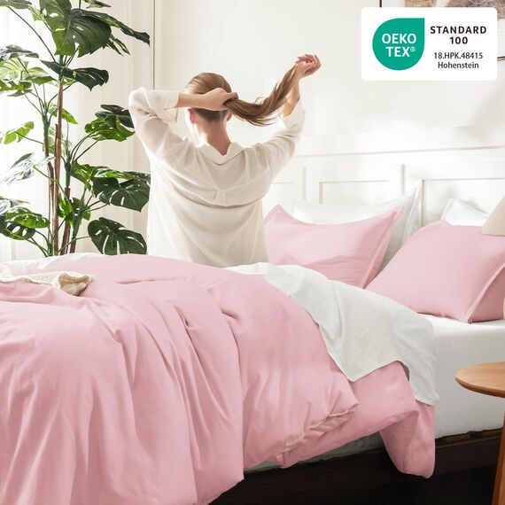 Litanika Bettwäsche-Set für Queen-Size-Betten, 3-teilig, leicht, weich, flauschig, einfarbig, Ganzjahres-Bettwäsche-Set (228 x 228 cm Bettdecke und 2 Kissenbezüge) Rosa