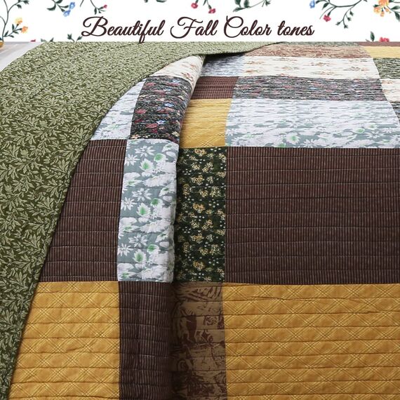 Cozy Line Home Fashions Andy Brown Olive Senf Gelb Schwarz Real Patchwork Quilt Bettwäsche Set 100% Baumwolle Wendedecke Tagesdecke Set für Herren Damen (Braun/Oliv, King - 3 Stück)