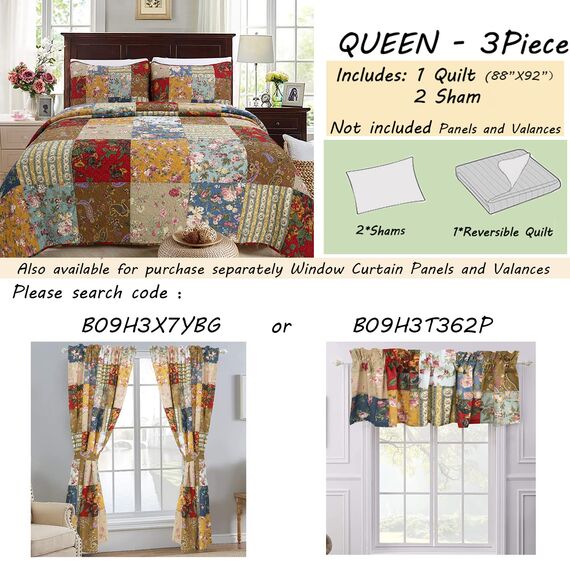 Cozy Line – Home-Mode, Blumenkaro, Landhaus, echter Patchwork- 100% Baumwolle, Reversible Decke. Bettdecke, Bettdecke (Kakirot, Queen-3 Teile).