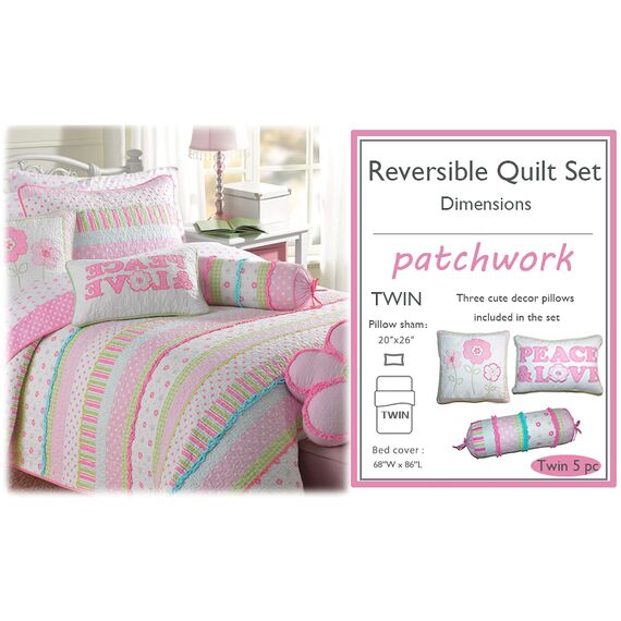 NANQUAN Pink Polka Dot Peace & Love 100% Cotton Reversible Quilt Bedding Set for Kids Girls, Coverlet, Bedspread (Flower Pastel, Twin - 5 Piece: 1 Quilt + 1 Standard Sham + 3 Decorative Pillows)