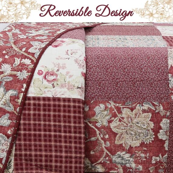 Cozy Line Home Fashions Bettwäsche-Set aus 100 % Baumwolle, wendbar, rote Rose, kariert, Blumenmuster, Tagesdecke (Vintage Garden, Kingsize, 3-teilig)