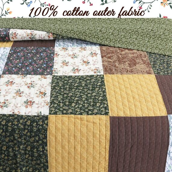 Cozy Line Home Fashions Andy Brown Olive Senf Gelb Schwarz Real Patchwork Quilt Bettwäsche Set 100% Baumwolle Wendedecke Tagesdecke Set für Herren Damen (Braun/Oliv, King - 3 Stück)