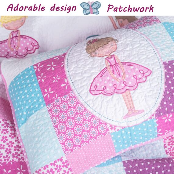 Little Dancer Wende-Bettwäsche-Set mit Schmetterlings-Blumenstickerei, 100 % Baumwolle, Tagesdecken (7-teilig: 1 Steppdecke + 1 Standard-Kissenbezug + 5 dekorative Kissen)