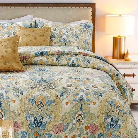 Cozy Line Home Fashions Luxuriöses, klassisches Bettwäsche-Set, 100% Baumwolle, Beige, Blau, Blumenmuster, Rosa, Bohemian-Stil, wendbare Tagesdecke (Kunstmalerei, King-Size-Bett)