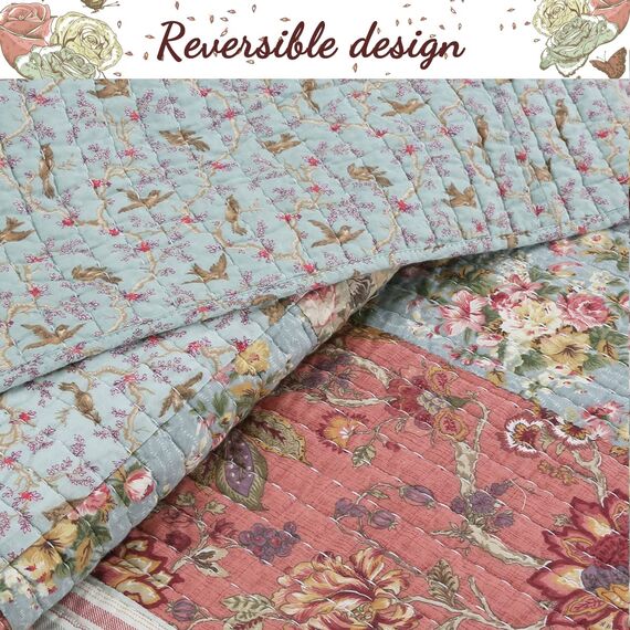 Cozy Line Home Fashions Eleanor Coral Teal Ivory Yellow Real Patchwork Floral Print Pattern 100% Baumwolle Reversible Cover Tagesdecke, Quilt Bettwäsche-Set für Frauen (Koralle/Blaugrün