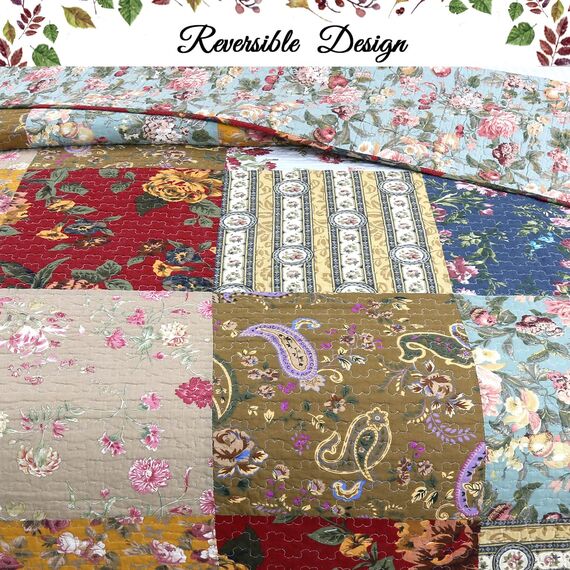Cozy Line Home Fashions Bettwäsche-Set aus 100 % Baumwolle, handteilbar, echtes Patchwork, Blumenmuster, Landhausstil, wendbar, Tagesdecke, Tagesdecke, für alle Jahreszeiten (Khaki-Rot, Kingsize, 3
