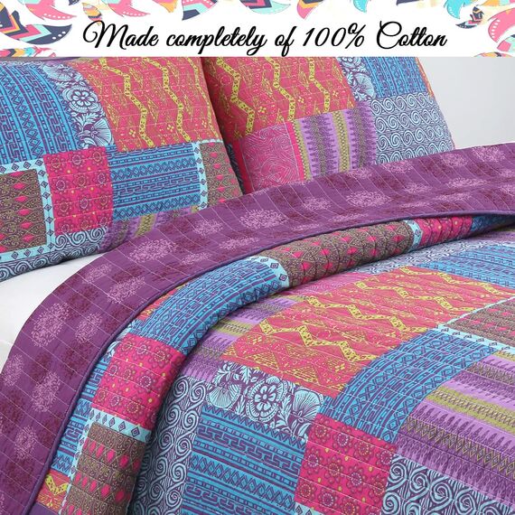 Cozy Line Home Fashions 100% Baumwolle Artsy Bohemian Purple Blueberry Fuchsia Patchwork Reversible Quilt Bedding Set, Coverlet Tagesdecke für alle Jahreszeiten (Boho Chic, Queen - 3-teilig)