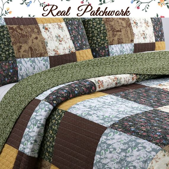 Cozy Line Home Fashions Andy Brown Olive Senf Gelb Schwarz Real Patchwork Quilt Bettwäsche Set 100% Baumwolle Wendedecke Tagesdecke Set für Herren Damen (Braun/Oliv, King - 3 Stück)