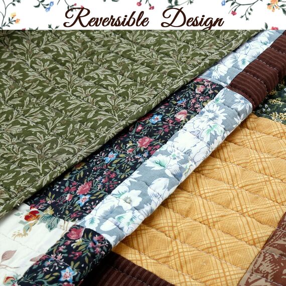 Cozy Line Home Fashions 100 % Baumwolle, handteilbar, echtes Patchwork, Senfgelb, Landhausstil, Tagesdecke, wendbar, Tagesdecke, Braun / Olivgrün, Queensize, 3-teilig