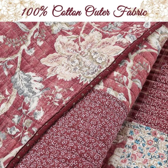 Cozy Line Home Fashions Bettwäsche-Set aus 100 % Baumwolle, wendbar, rote Rose, kariert, Blumenmuster, Tagesdecke (Vintage Garden, Kingsize, 3-teilig)