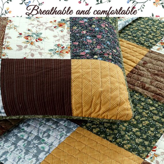 Cozy Line Home Fashions Andy Brown Olive Senf Gelb Schwarz Real Patchwork Quilt Bettwäsche Set 100% Baumwolle Wendedecke Tagesdecke Set für Herren Damen (Braun/Oliv, King - 3 Stück)