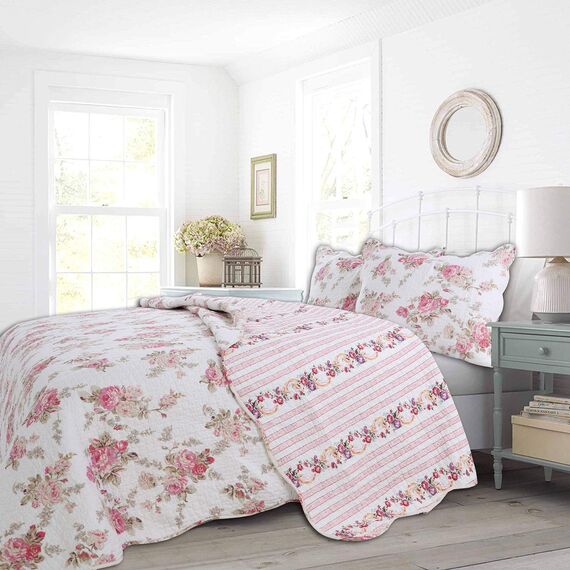 Cozy Line Home Fashions Romantisches Bettwäsche-Set, Pfingstrose, Blumenmuster, 100% Baumwolle, wendbar, Bettdecke, Tagesdecke (rosa Pfingstrose, Queen-Size-Bett)