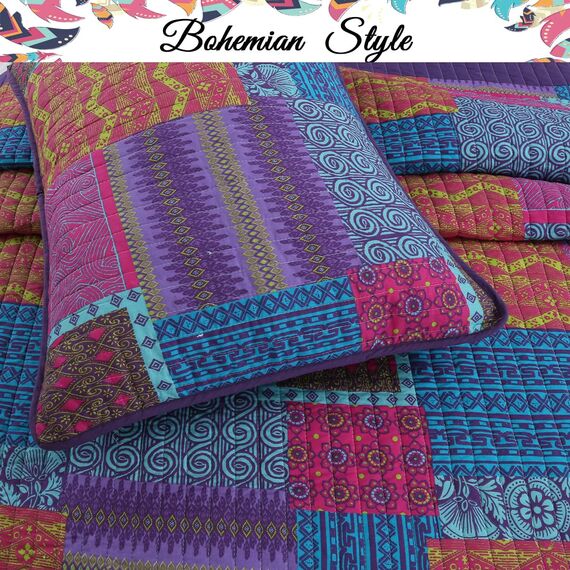 Cozy Line Home Fashions 100% Baumwolle Artsy Bohemian Purple Blueberry Fuchsia Patchwork Reversible Quilt Bedding Set, Coverlet Tagesdecke für alle Jahreszeiten (Boho Chic, Queen - 3-teilig)