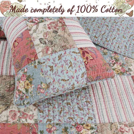 Cozy Line Home Fashions Eleanor Coral Teal Ivory Yellow Real Patchwork Floral Print Pattern 100% Baumwolle Reversible Cover Tagesdecke, Quilt Bettwäsche-Set für Frauen (Koralle/Blaugrün