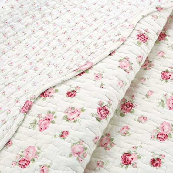 Cozy Line Home Fashions Pink Rose Garden Floral 100% Baumwolle Wendedecke Tagesdecke Steppdecke Bettwäsche-Set (Elfenbeinfarbene Rose, Queen-Size-Bett – 3-teilig)