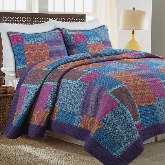 Cozy Line Home Fashions 100% Baumwolle Artsy Bohemian Purple Blueberry Fuchsia Patchwork Reversible Quilt Bedding Set, Coverlet Tagesdecke für alle Jahreszeiten (Boho Chic, Queen - 3-teilig)