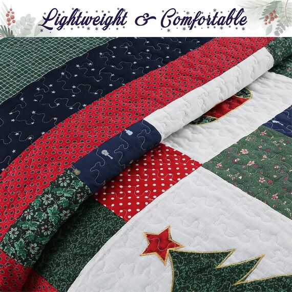 Cozy Line Home Fashions Christmas True Patchwork Kränze Kiefernbaum Strümpfe Rustikale Wendedecke Bettwäsche Set, Decke Tagesdecke (Happy Christmas, King - 3 Stück)