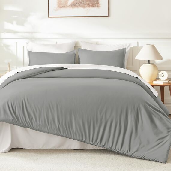 Litanika Bettdecken-Set, mittelgrau, Queen-Size-Größe, 3-teilig, leicht, einfarbig, flauschiges Bettwäsche-Set für alle Jahreszeiten, 228 x 228 cm (Bettdecke und 2 Kissenbezüge)