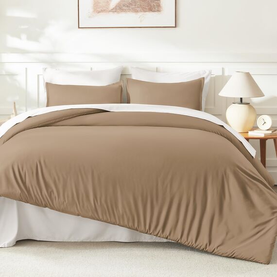 Litanika Bettwäsche-Set für Doppelbetten und Doppelbetten XL, 2-teilig, einfarbig, flauschiges Bettwäsche-Set für alle Jahreszeiten, 168 x 228 cm Bettdecke und 1 Kissenbezug, Taupe