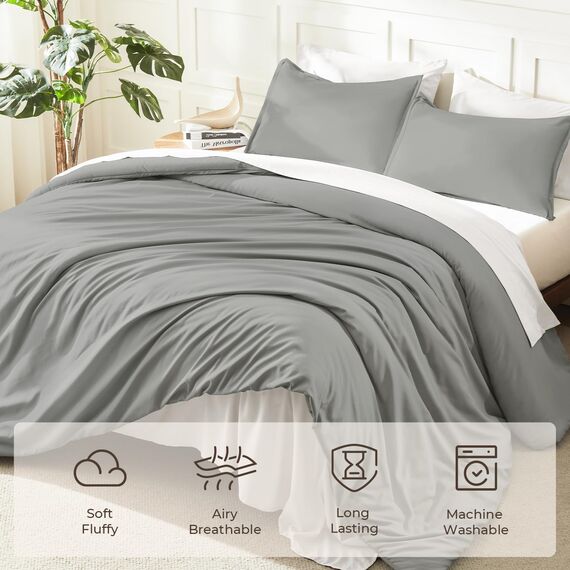 Litanika Bettdecken-Set, mittelgrau, Queen-Size-Größe, 3-teilig, leicht, einfarbig, flauschiges Bettwäsche-Set für alle Jahreszeiten, 228 x 228 cm (Bettdecke und 2 Kissenbezüge)