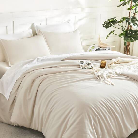 Litanika Übergroße King-Size-Bettdecke 120 x 120 cm, 3-teilig, Beige, leicht, einfarbig, für alle Jahreszeiten, flauschiges Bettwäsche-Set (1 Bettdecke und 2 Kissenbezüge)