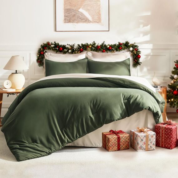 Litanika Bettwäscheset für Doppelbett, XL, 2-teilig, einfarbig, flauschiges Bettwäsche-Set für alle Jahreszeiten, 168 x 228 cm Bettdecke und 1 Kissenbezug, Dunkelolivgrün
