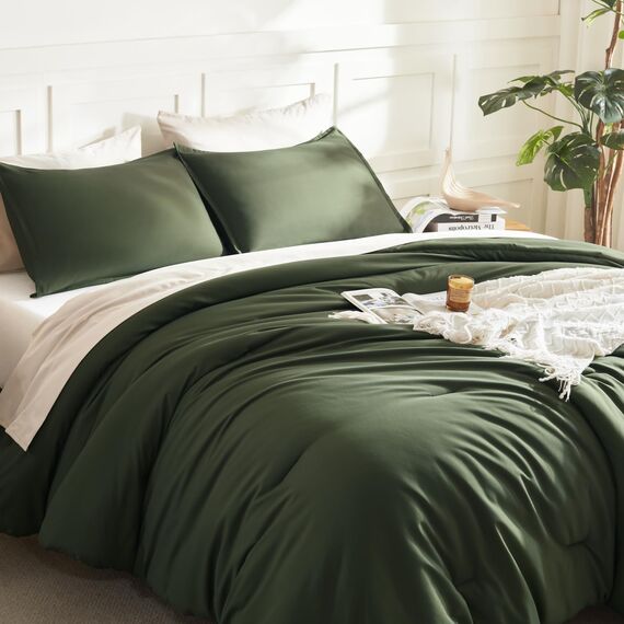 Litanika Bettwäscheset für Doppelbett, XL, 2-teilig, einfarbig, flauschiges Bettwäsche-Set für alle Jahreszeiten, 168 x 228 cm Bettdecke und 1 Kissenbezug, Dunkelolivgrün
