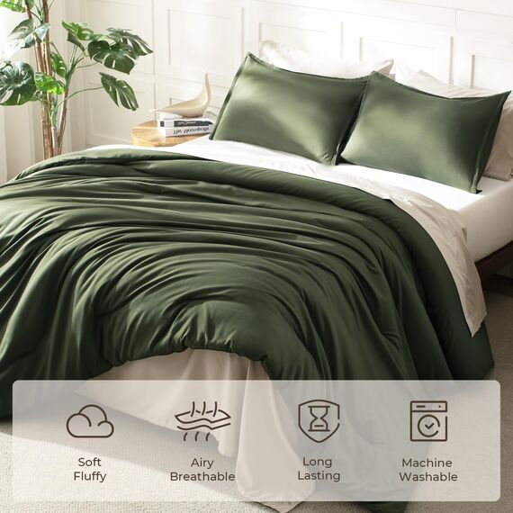 Litanika Bettwäscheset für Doppelbett, XL, 2-teilig, einfarbig, flauschiges Bettwäsche-Set für alle Jahreszeiten, 168 x 228 cm Bettdecke und 1 Kissenbezug, Dunkelolivgrün