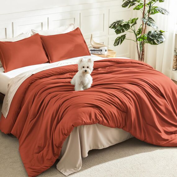 Litanika Burnt Orange Twin/Twin XL Tröster-Set, 2-teilig, massives Terrakotta, leicht, rostfarben, flauschig, gesteppt, 168 x 228 cm Bettdecke und 1 Kissenbezug