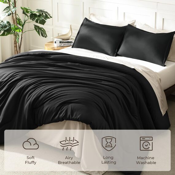 Litanika Bettwäsche-Set für King-Size-Betten, leicht, einfarbig, für alle Jahreszeiten, Flauschiges Bettwäsche-Set (277 x 228 cm Bettdecke und 2 Kissenbezüge) Schwarz