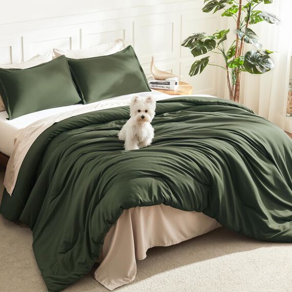 Litanika Bettwäscheset für Doppelbett, XL, 2-teilig, einfarbig, flauschiges Bettwäsche-Set für alle Jahreszeiten, 168 x 228 cm Bettdecke und 1 Kissenbezug, Dunkelolivgrün