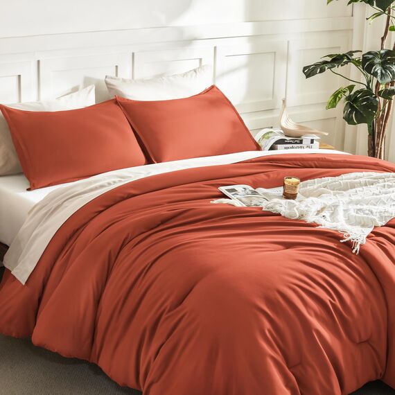 Litanika Burnt Orange Twin/Twin XL Tröster-Set, 2-teilig, massives Terrakotta, leicht, rostfarben, flauschig, gesteppt, 168 x 228 cm Bettdecke und 1 Kissenbezug
