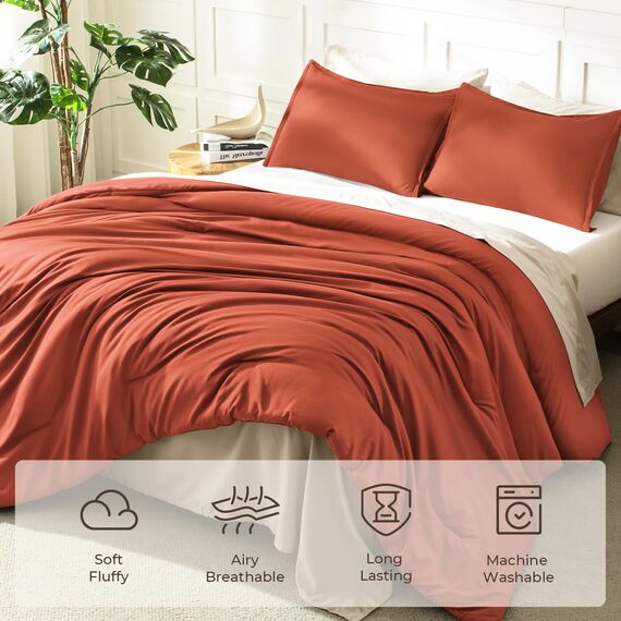 Litanika Burnt Orange Twin/Twin XL Tröster-Set, 2-teilig, massives Terrakotta, leicht, rostfarben, flauschig, gesteppt, 168 x 228 cm Bettdecke und 1 Kissenbezug