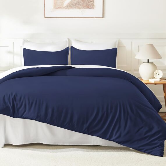 Litanika Bettwäsche-Set, Queen-Size-Größe, 3-teilig, leicht, einfarbig, für alle Jahreszeiten, flauschige Daunen-Alternativ-Bettwäsche-Set (228 x 228 cm Bettdecke und 2 Kissenbezüge), Marineblau