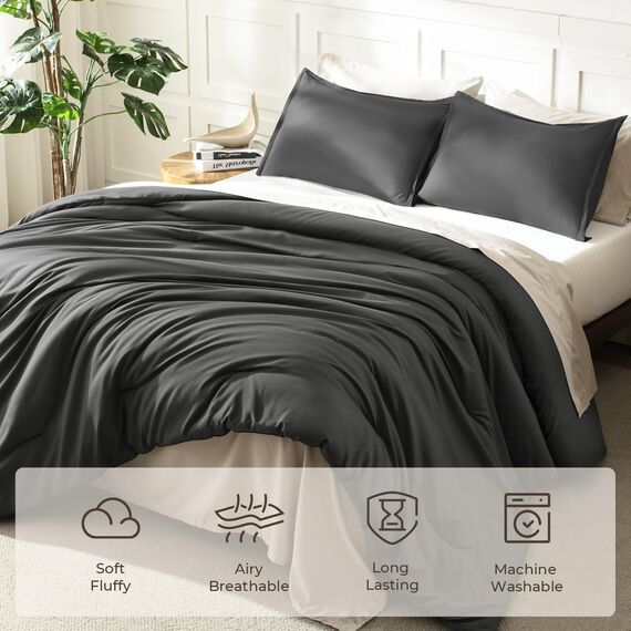 Litanika Dunkelgraues Bettdecken-Set für Queen-Size-Betten, 3-teilig, leicht, einfarbig, für alle Jahreszeiten, flauschiges Bettwäsche-Set (248 x 248 cm Bettdecke und 2 Kissenbezüge)