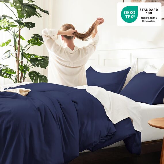 Litanika Bettwäsche-Set, Queen-Size-Größe, 3-teilig, leicht, einfarbig, für alle Jahreszeiten, flauschige Daunen-Alternativ-Bettwäsche-Set (228 x 228 cm Bettdecke und 2 Kissenbezüge), Marineblau