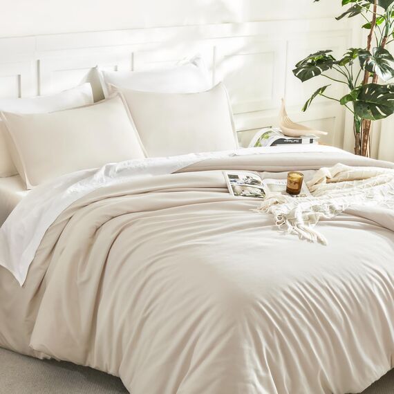 Litanika Queen-Bettwäsche-Set, beige, 3-teilig, leicht, flauschig, solide, Daunen-Alternative, Bettdecke, Ganzjahres-Bettwäsche-Set, Geschenkauswahl