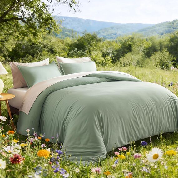 Litanika King-Size-Bettwäsche-Set, salbeigrün, 3-teilig, Boho-Bett, leicht, für alle Jahreszeiten geeignet, Flauschiges Bettwäsche-Set (270x228 cm Bettdecke und 2 Kissenbezüge)