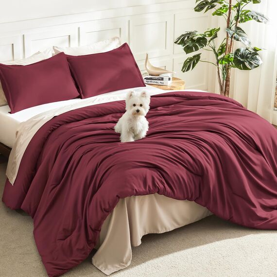 Litanika Bettwäsche-Set für King-Size-Betten, leicht, einfarbig, für alle Jahreszeiten, flauschiges Bettwäsche-Set (277 x 228 cm Bettdecke und 2 Kissenbezüge) Burgunderrot