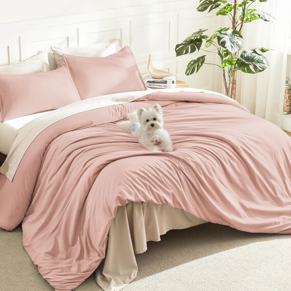 Litanika Bettwäsche-Set für Queen-Size-Betten, 3-teilig, einfarbig, einfarbig, für alle Jahreszeiten, 228 x 228 cm, 2 Kissenbezüge, Rosa