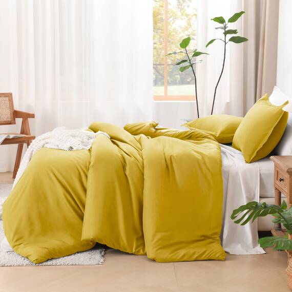 Litanika Senfgelbes Bettdecken-Set, volle Größe, 3-teilig, leicht, solide, flauschiges Bettwäsche-Set für alle Jahreszeiten (200 x 228 cm Bettdecke und 2 Kissenbezüge)
